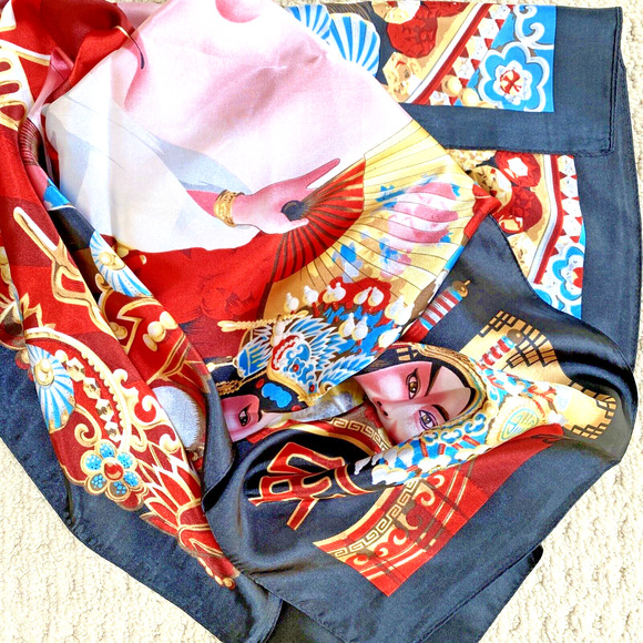 Asian Emperor Empress Scarf large silky feel square wrap modern colorful satin - Picture 8 of 8